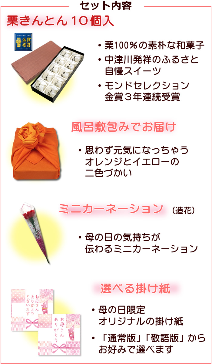 遅れてごめんね 母の日 風呂敷包み ミニカーネーション 栗きんとん10個入 岐阜 中津川 ちこり村 本店